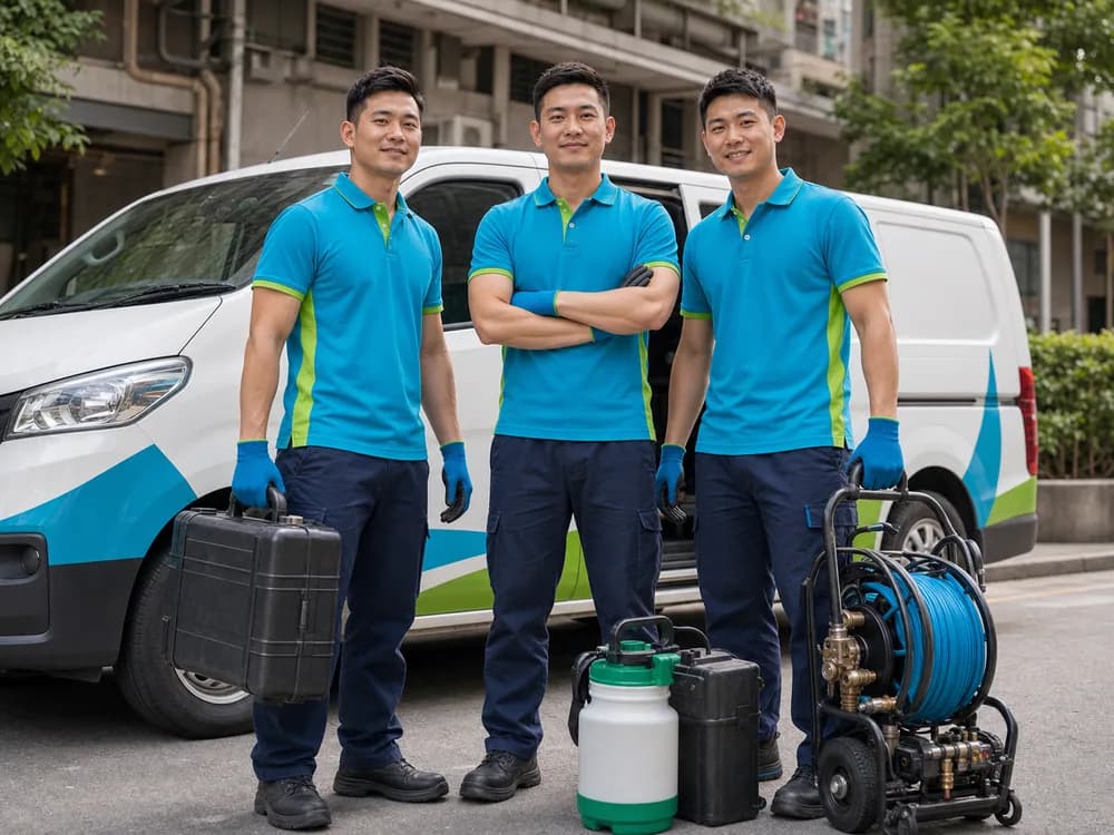 PipeButler technician team in cyan uniforms standing in front of a service vehicle