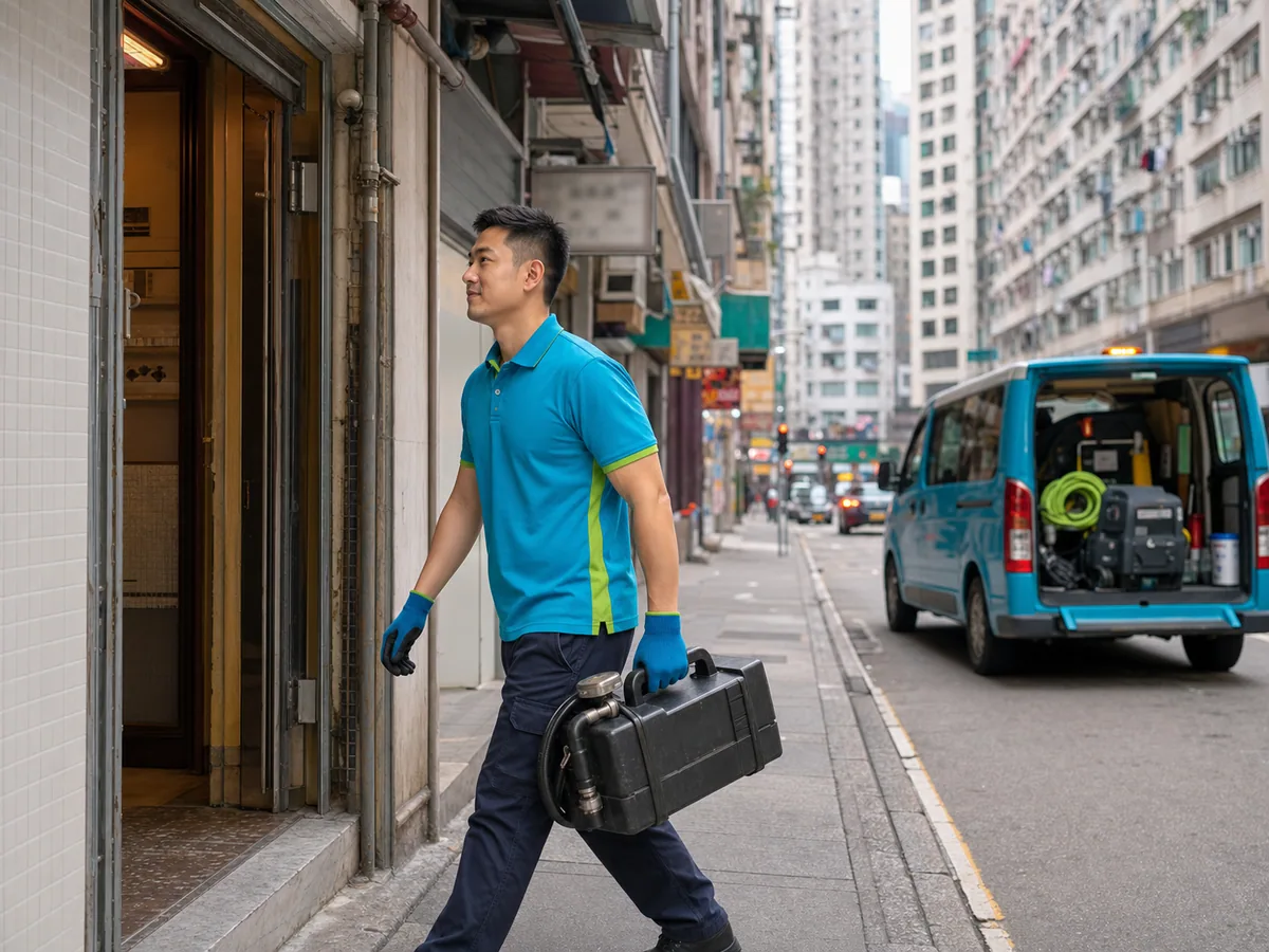 Drain technician arriving for service near old tenement buildings in Mong Kok