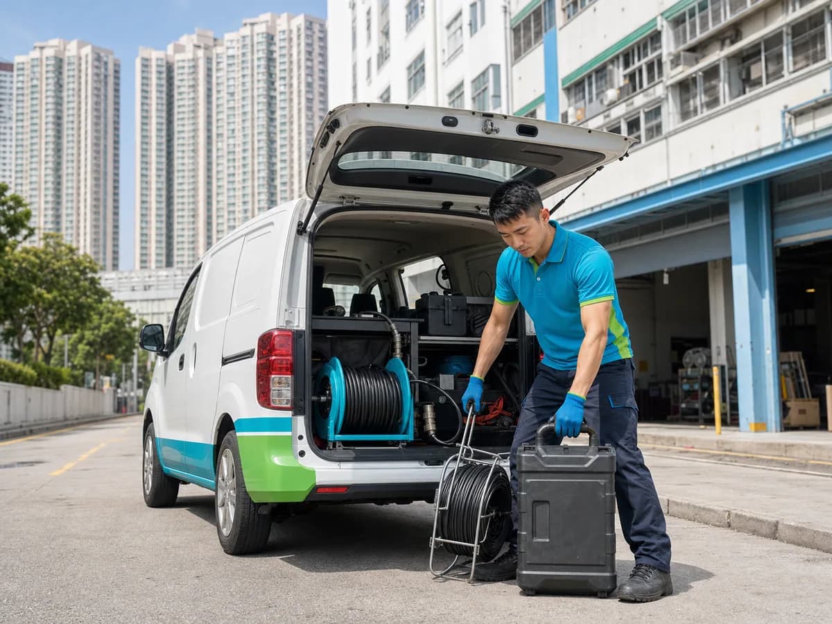 Drain technician arriving for service around Tsuen Wan estates and factory buildings