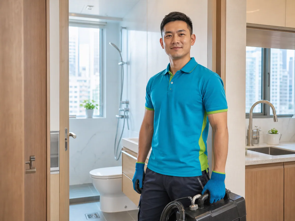 穿著青藍色制服的通管家通渠師傅在香港住宅門口上門服務
