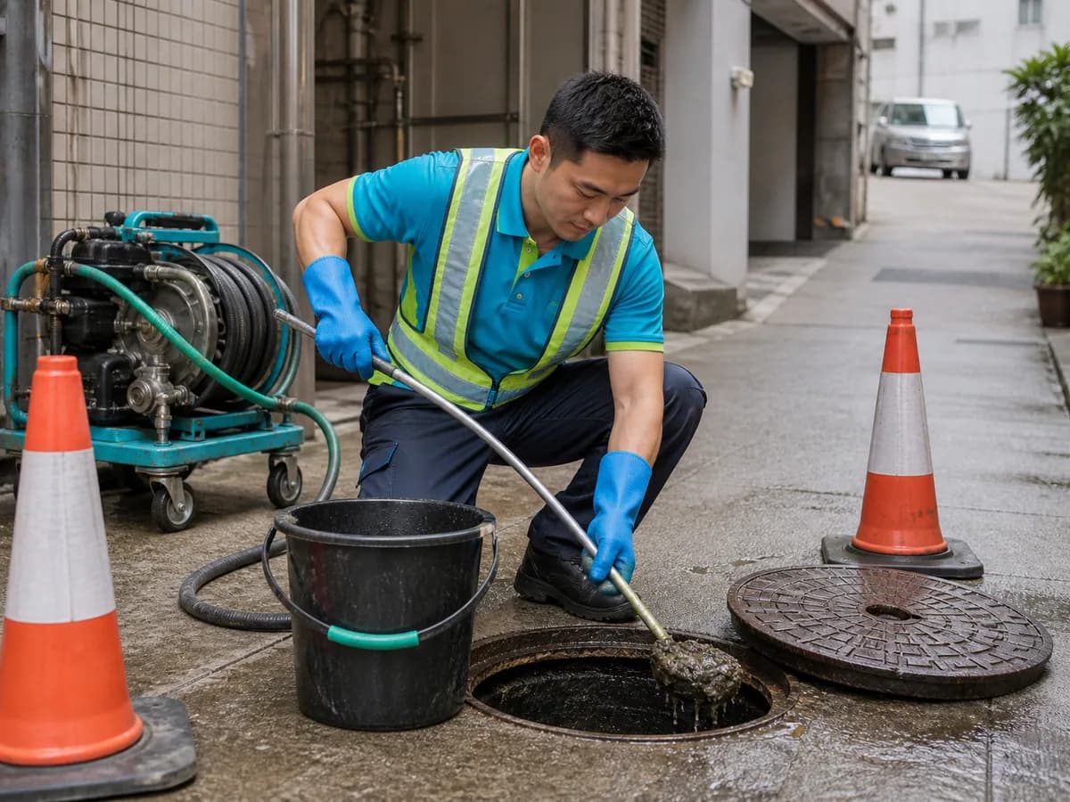 通管家師傅在香港後巷打開沙井進行清淤