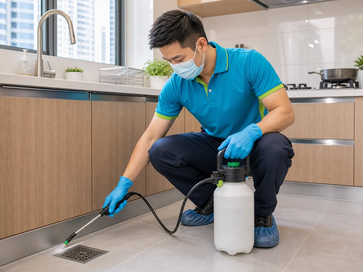 PipeButler technician disinfecting a Hong Kong kitchen drain and surrounding area