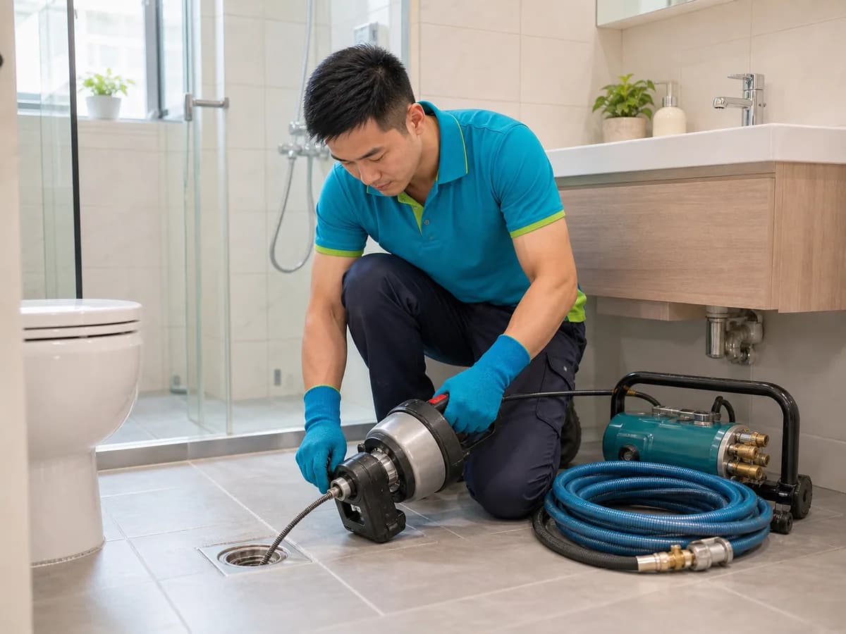 通管家師傅在香港浴室使用電動通渠機疏通去水位