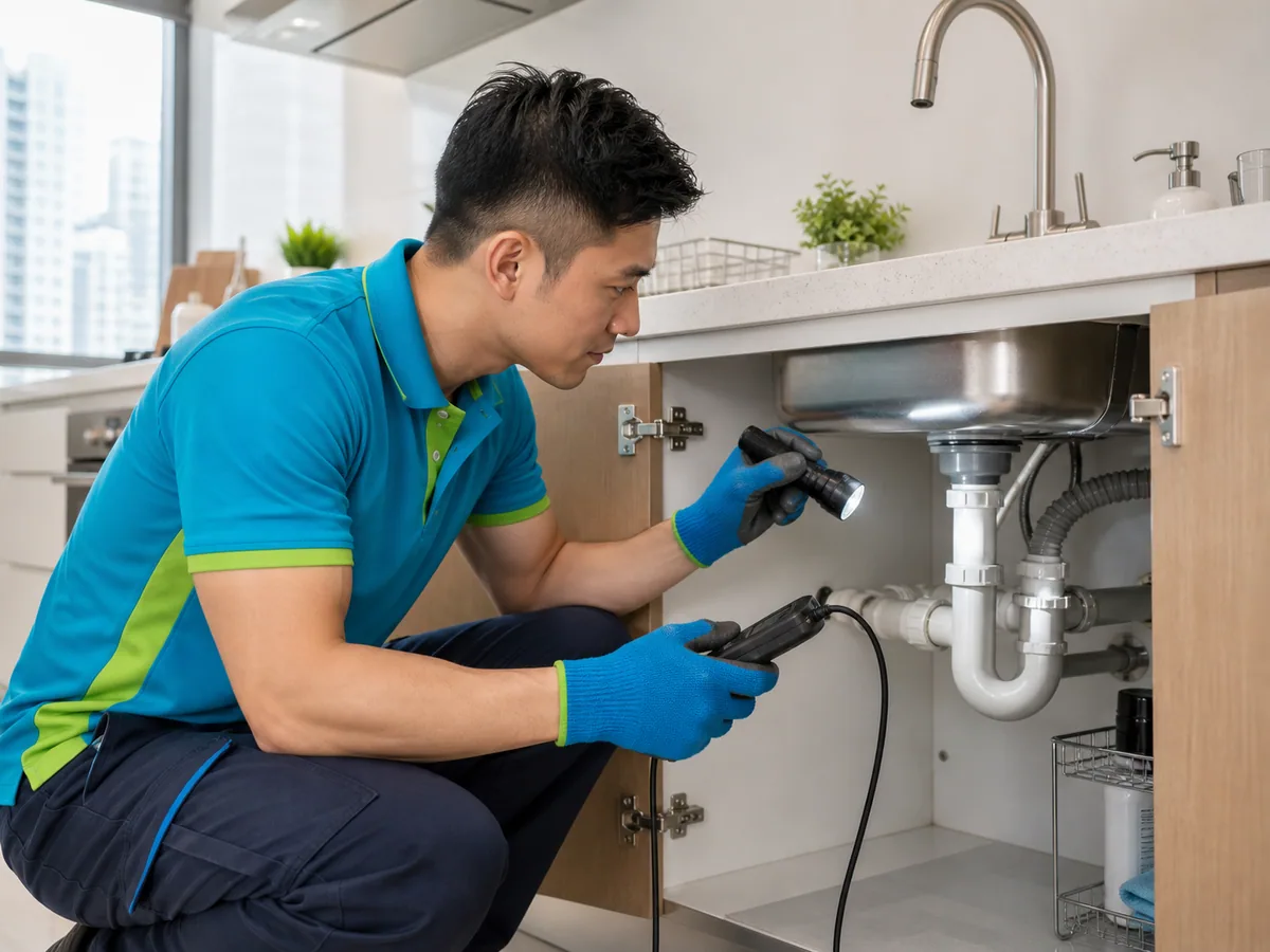 PipeButler technician inspecting U-trap pipework below a Hong Kong kitchen sink