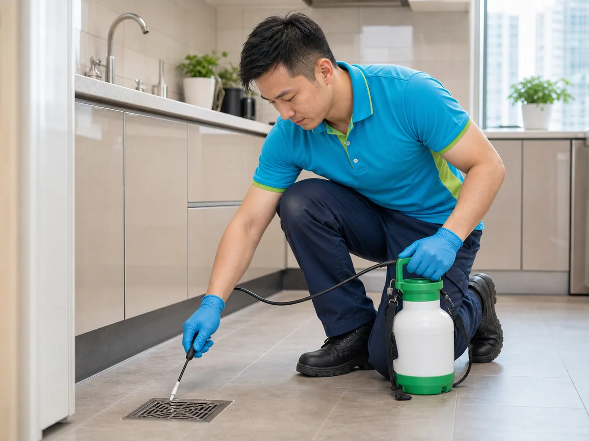 PipeButler technician applying drain-source pest control at a Hong Kong kitchen floor drain