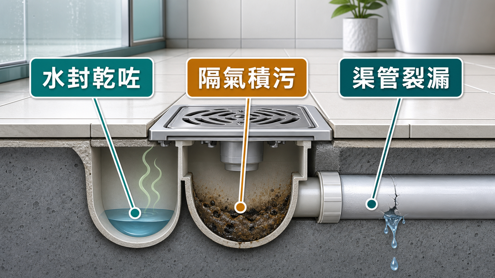 廁所臭渠味常見原因:水封乾咗、隔氣積污、渠管裂漏