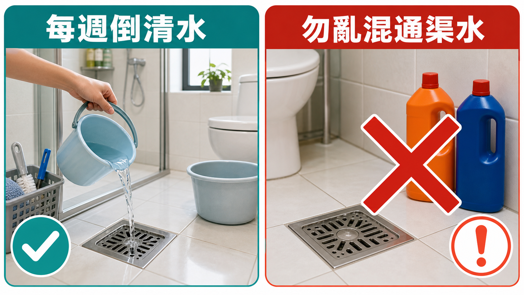 預防浴室去水口反味:每週倒清水,勿亂混通渠水