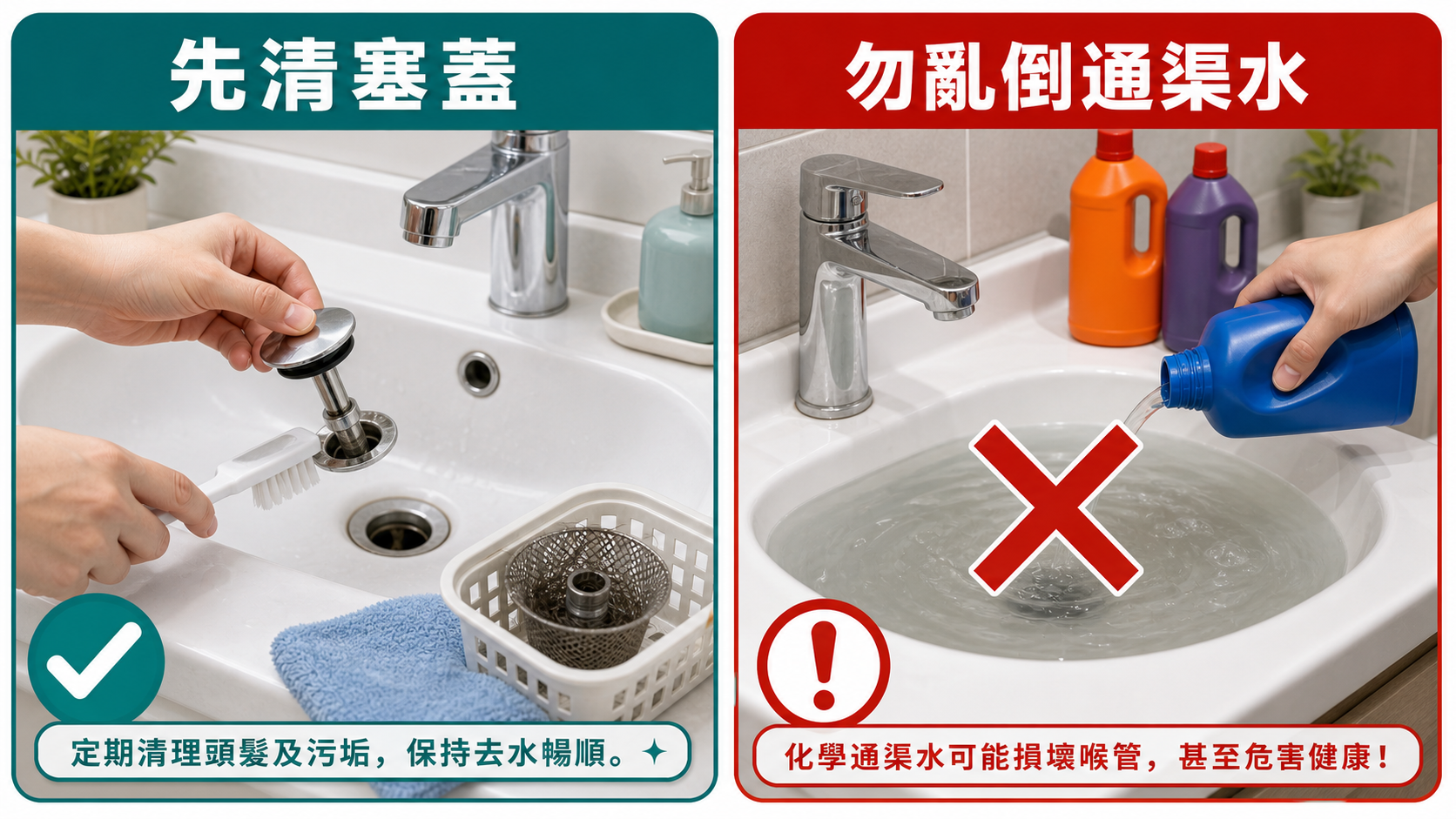 洗手盆去水慢處理:先清塞蓋,勿亂倒通渠水