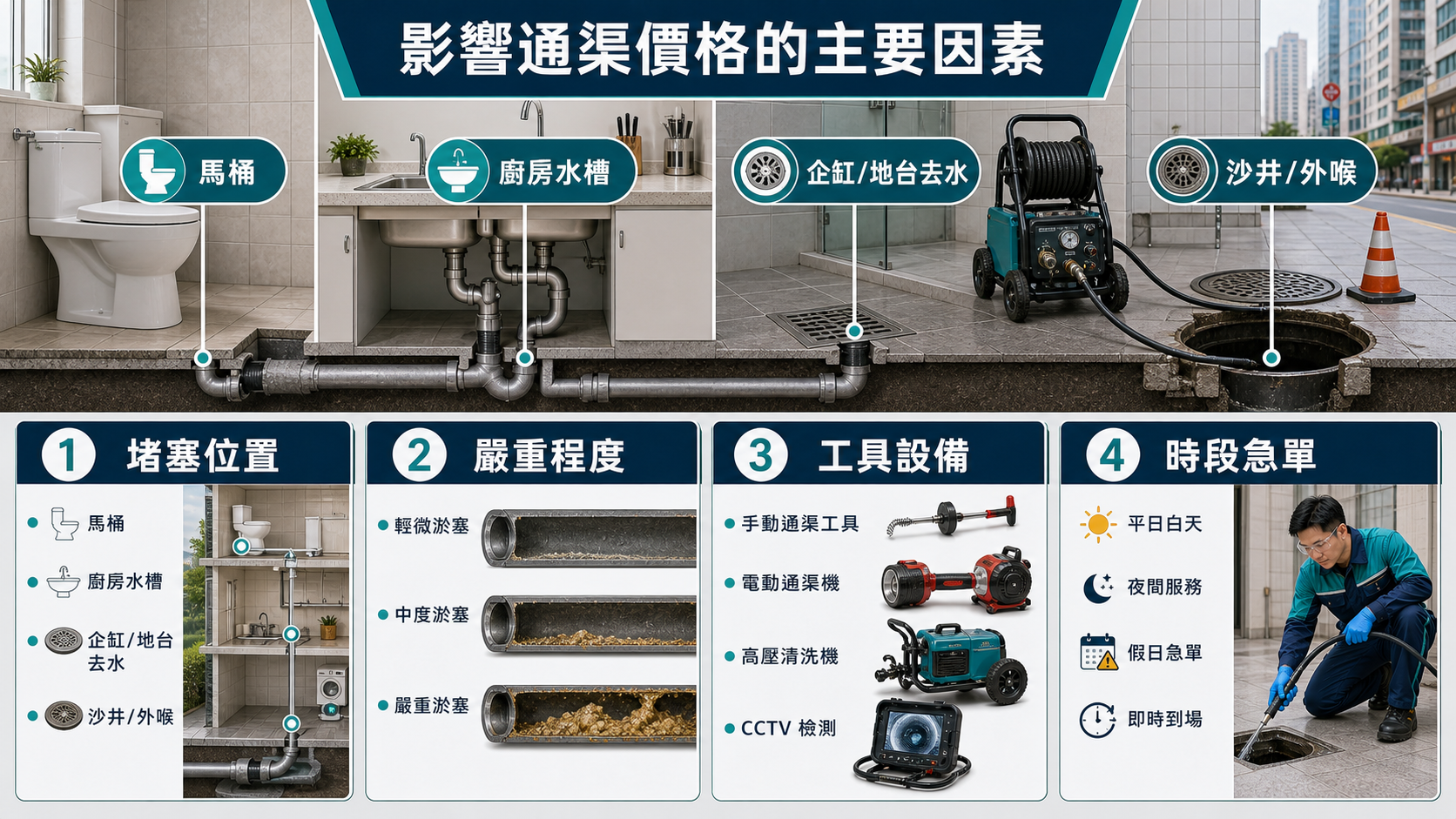 影響香港通渠價格的主要因素包括堵塞位置、嚴重程度、工具設備和時段急單