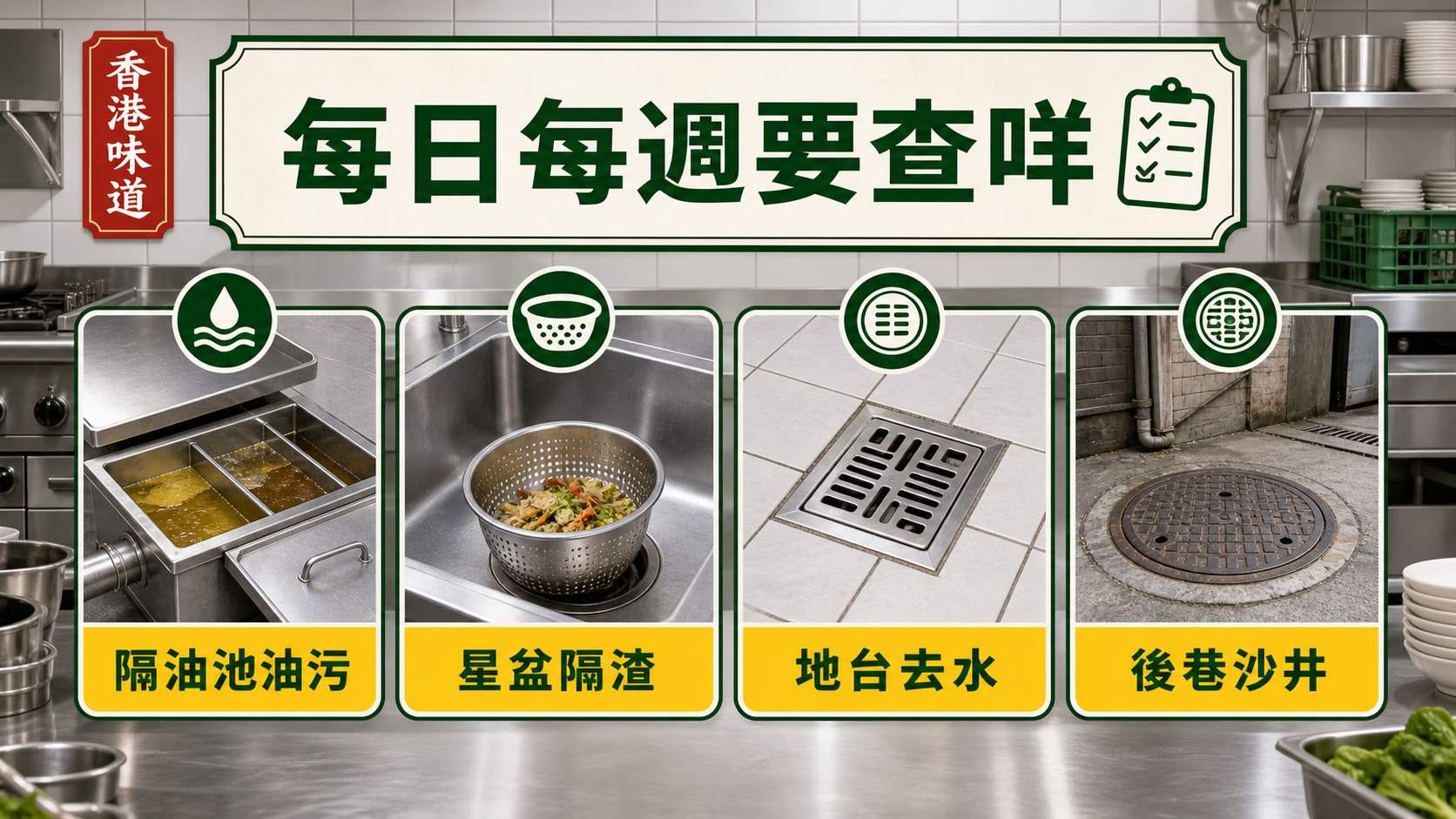 餐廳廚房渠道每日每週要查:隔油池油污、星盆隔渣、地台去水、後巷沙井
