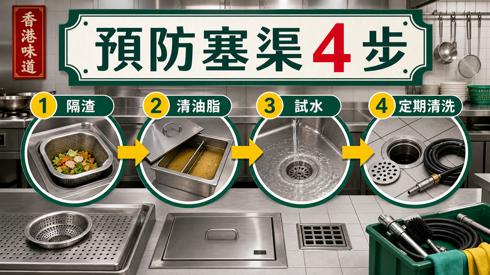 餐廳預防塞渠四步:隔渣、清油脂、試水、定期清洗
