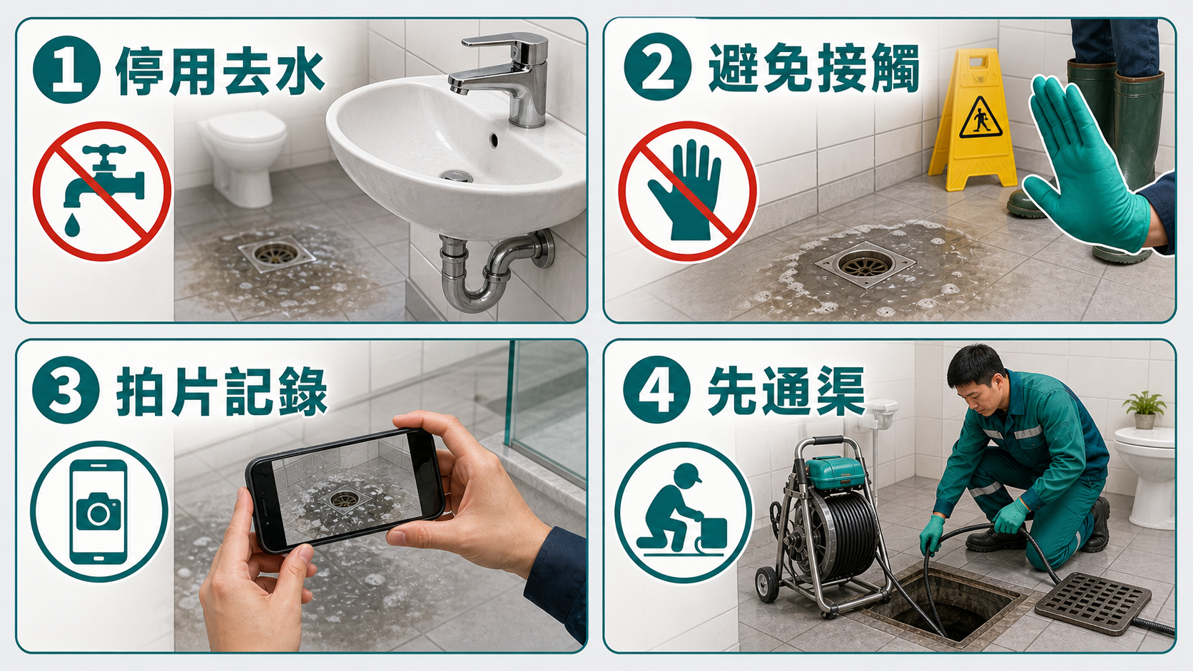 污水倒灌後即時處理:停用去水、避免接觸、拍片記錄、先通渠