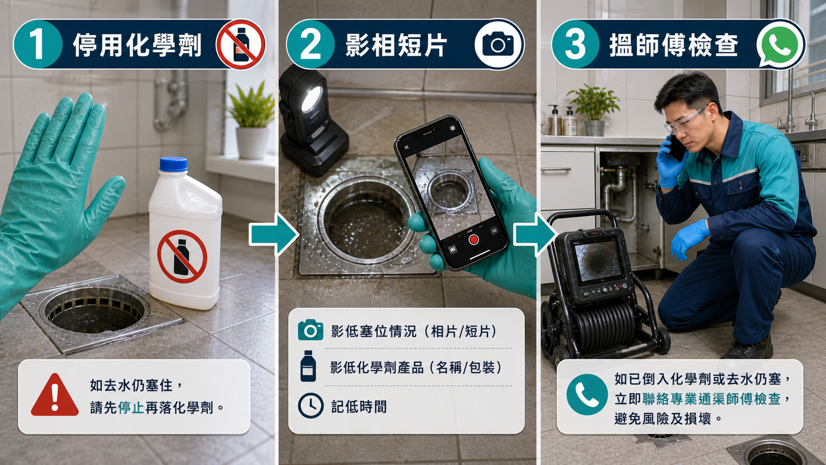 倒了通渠水仍然不通時,應停用化學劑、影相短片並搵師傅檢查