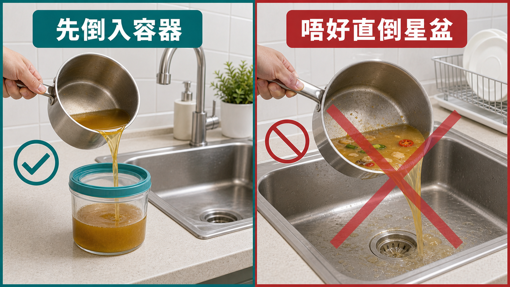 處理廚房油污:先倒入容器,唔好直倒星盆