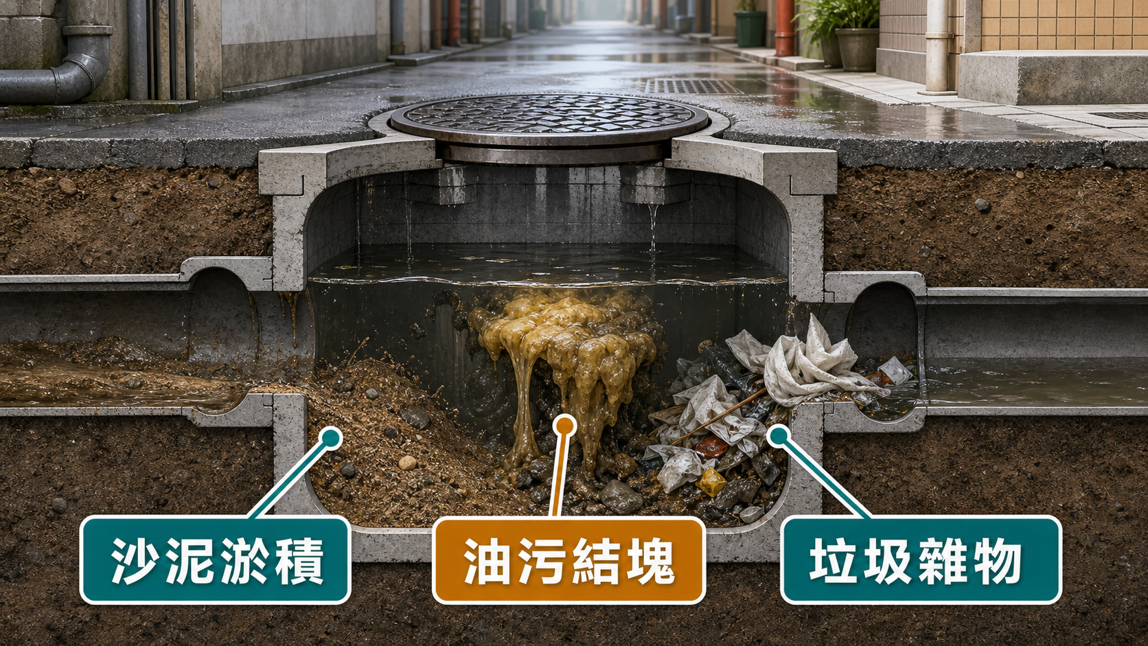 沙井塞常見原因:沙泥淤積、油污結塊、垃圾雜物