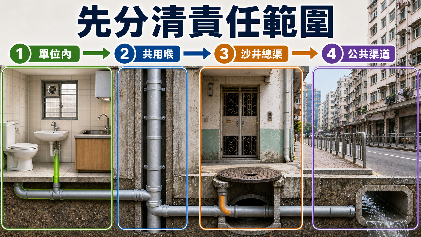 舊樓渠務責任範圍:單位內、共用喉、沙井總渠、公共渠道