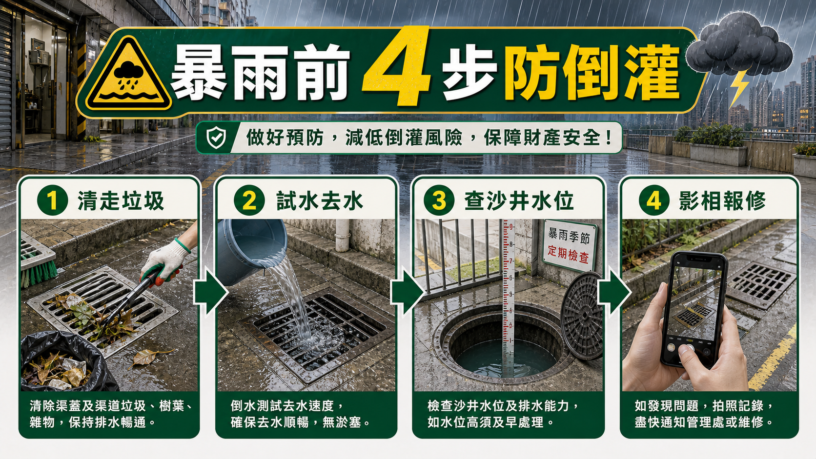 暴雨前四步防倒灌:清走垃圾、試水去水、查沙井水位、影相報修
