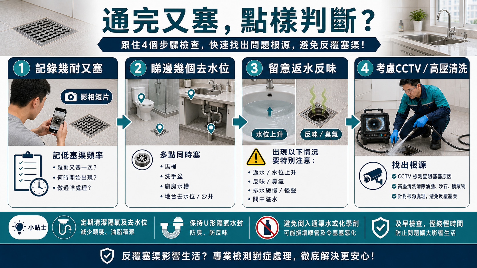 通完又塞的四步判斷:記錄幾耐又塞、睇邊幾個去水位、留意返水反味、考慮CCTV或高壓清洗