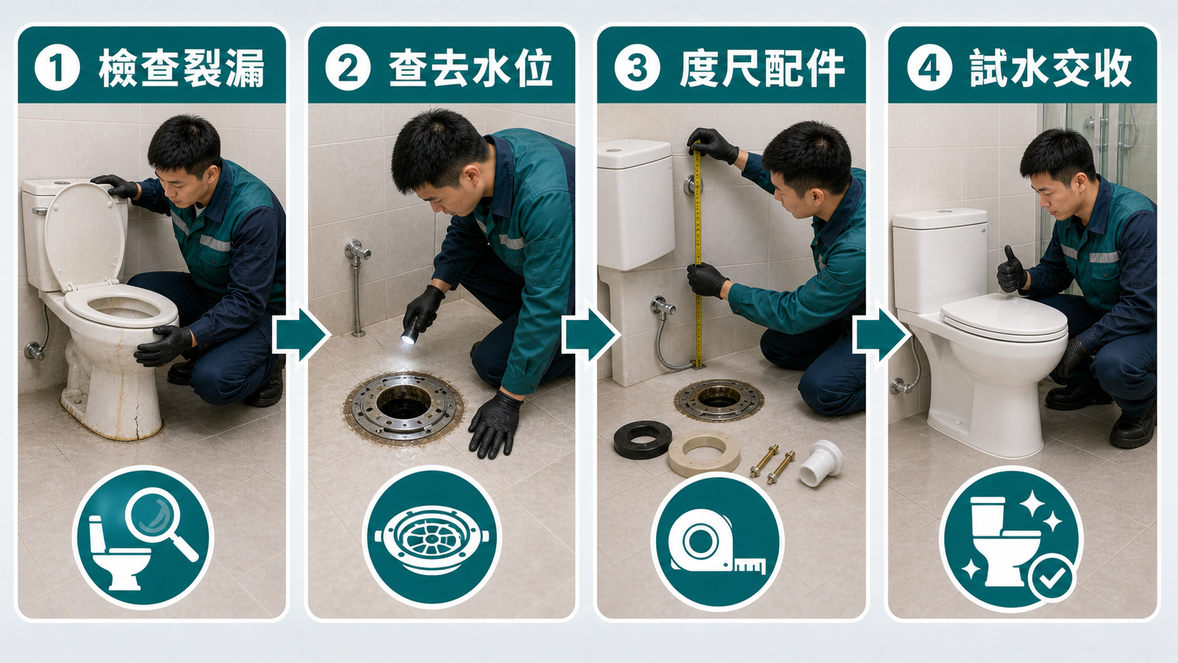 換座廁前檢查流程:檢查裂漏、查去水位、度尺配件、試水交收