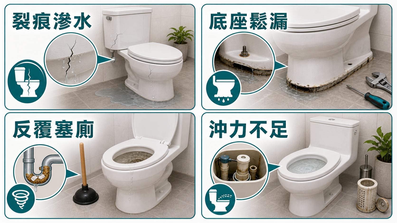 座廁可能需要更換的四個信號:裂痕滲水、底座鬆漏、反覆塞廁、沖力不足