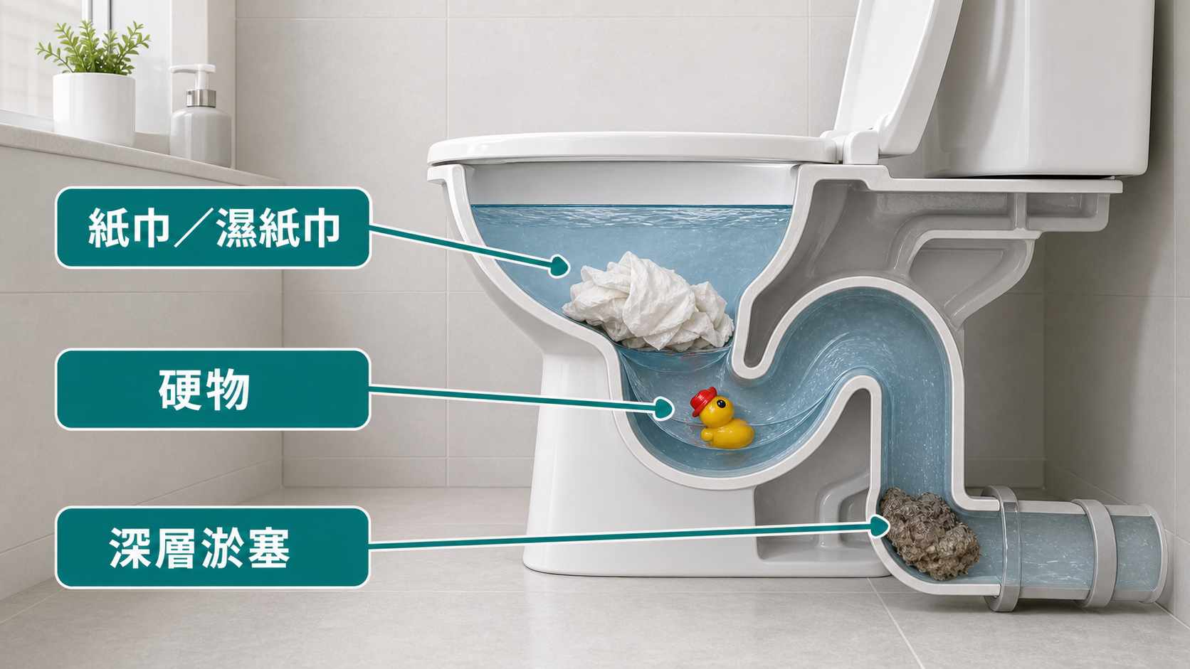 座廁沖水後水位升高的常見原因:紙巾濕紙巾、硬物、深層淤塞