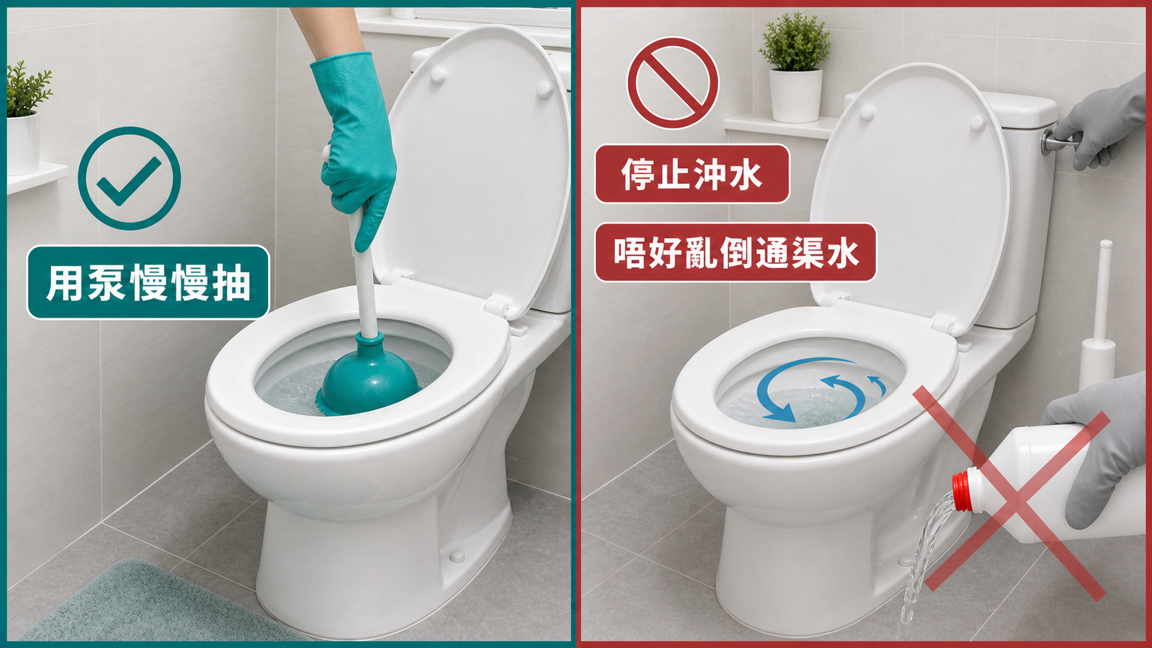 座廁塞咗自救:停止沖水、用泵慢慢抽、唔好亂倒通渠水