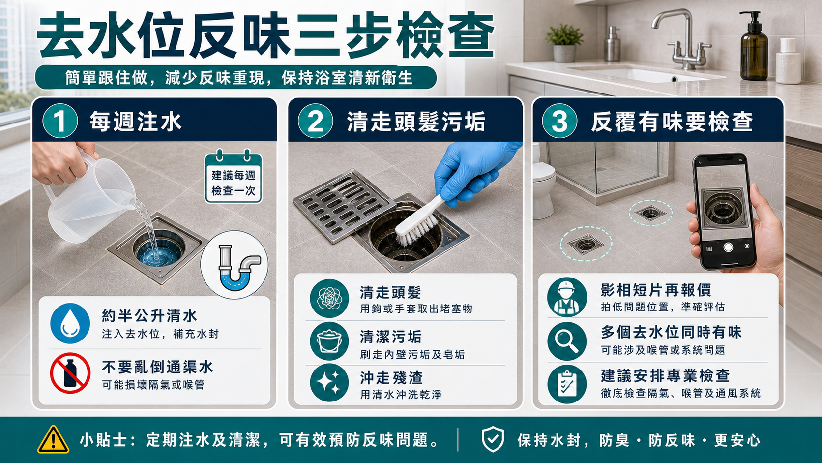去水位反味三步檢查:每週注水、清走頭髮污垢、反覆有味要安排專業檢查