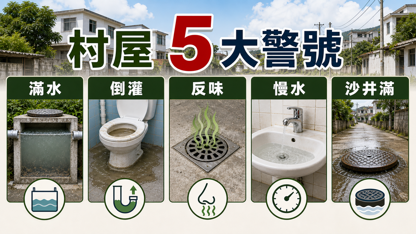 村屋化糞池和去水渠五大警號:滿水、倒灌、反味、慢水、沙井滿