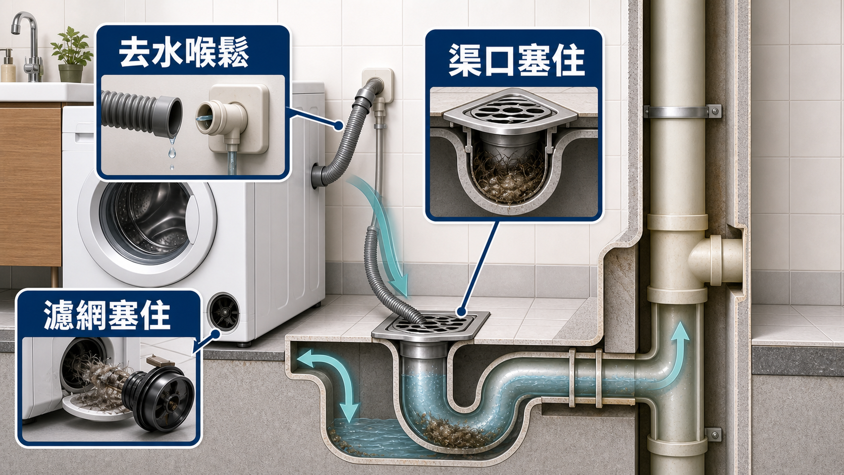洗衣機去水倒灌常見原因,包括去水喉鬆、渠口塞住和濾網塞住